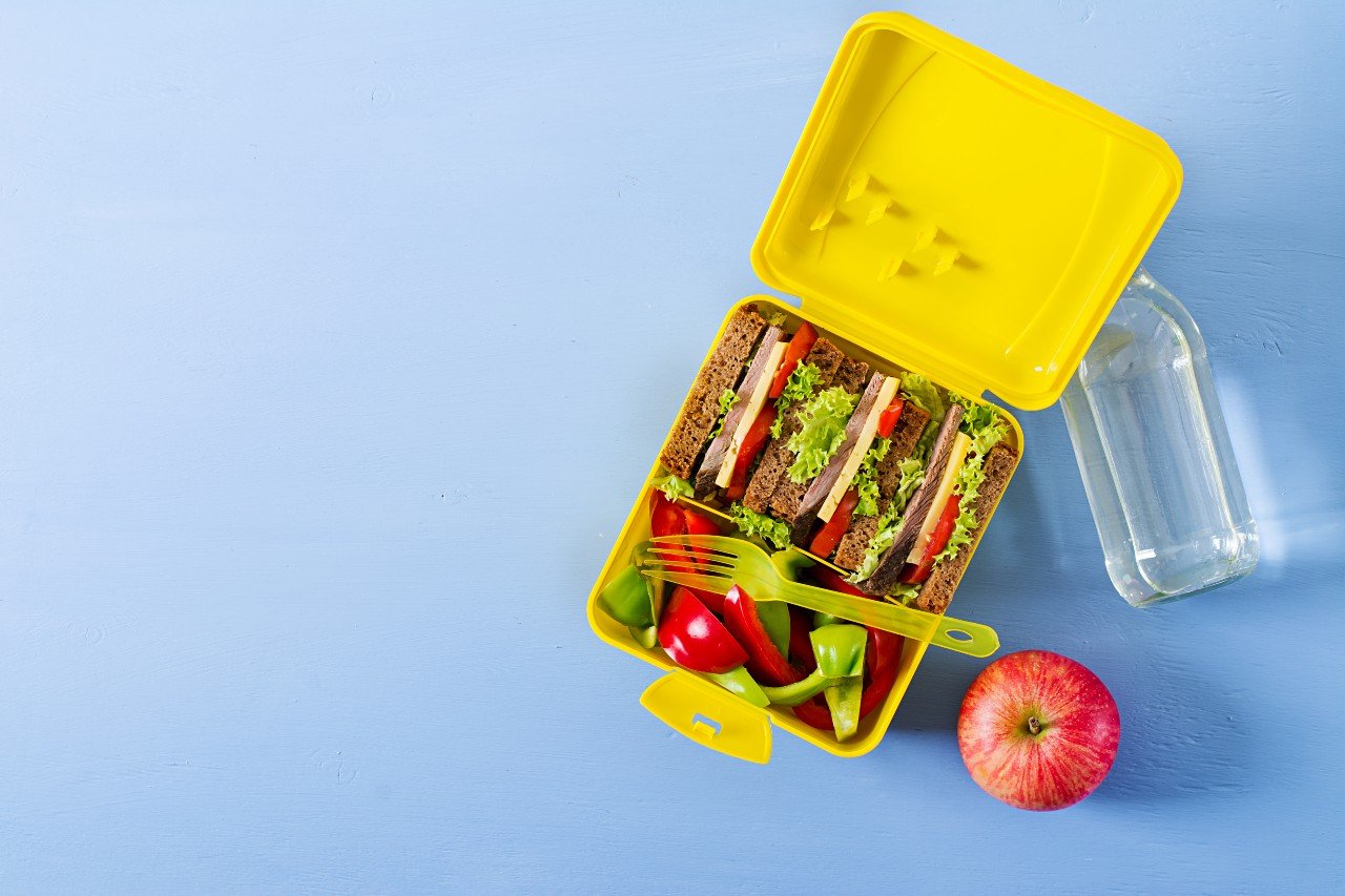 a picture of a lunchbox with an apple and a bottle of water